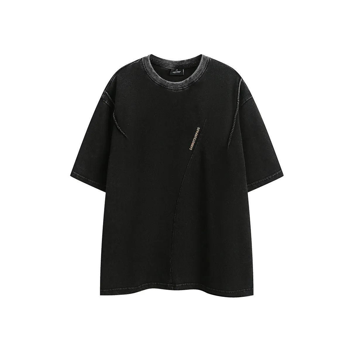 Retro embroidered washed cotton T-shirt in purple and black colours with half-sleeve design
