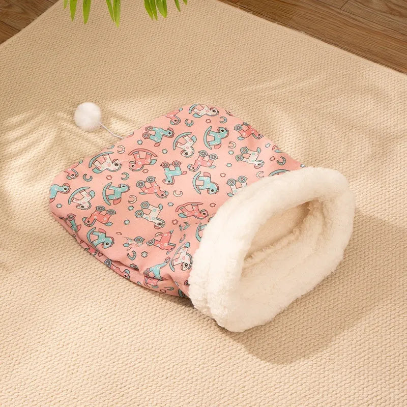 Flannel enclosed cat bed sleeping bag nest with PP cotton filling, pink trojan design, 50cm by 40cm