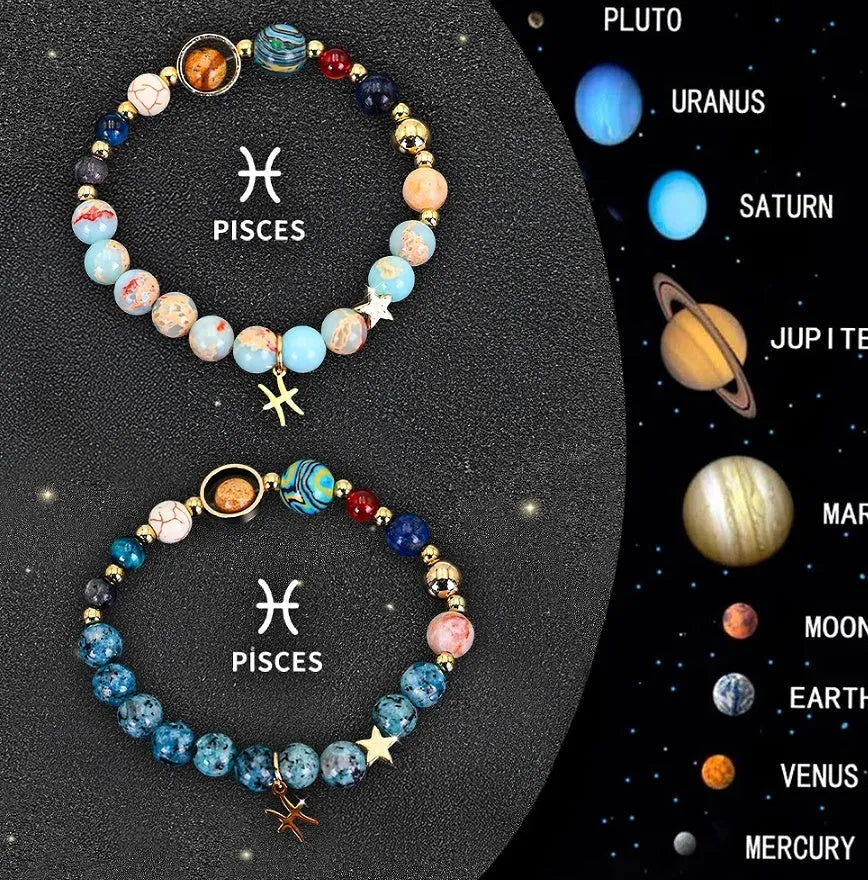 Two natural stone beaded bracelets with adjustable cords, presented as a zodiac sign bracelet set.