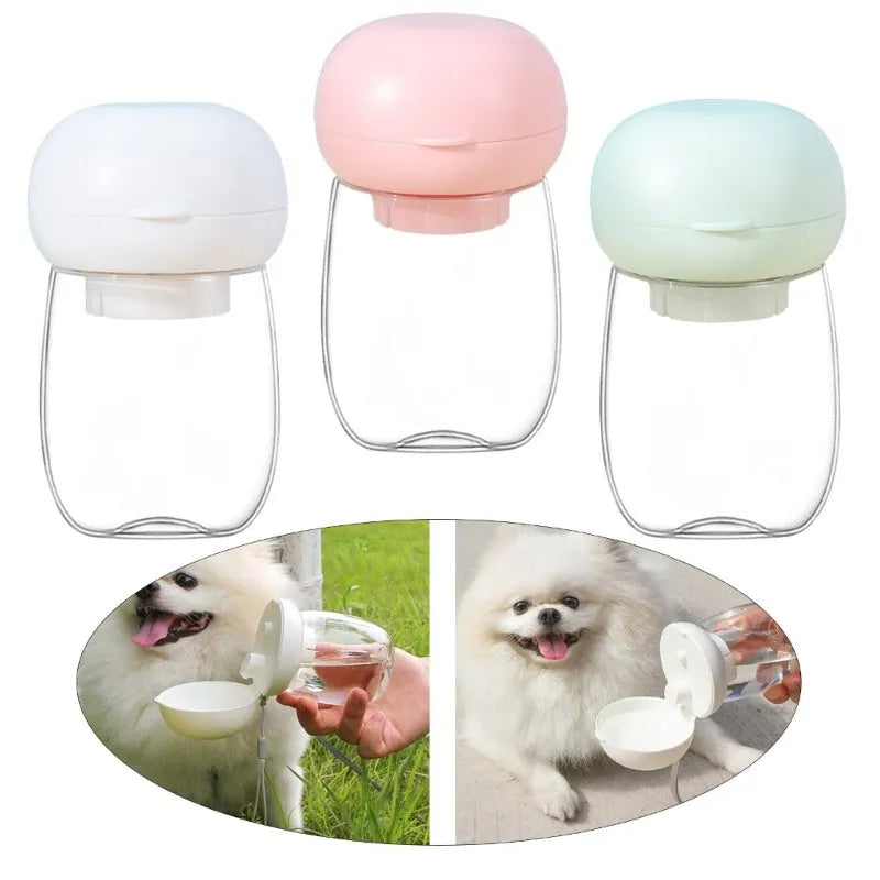 Portable dog water bottle with press-button cup in white on a green background