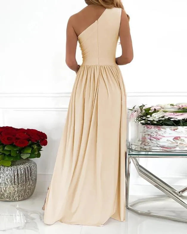 Women's one shoulder cocktail maxi dress with high side split in soft fabric