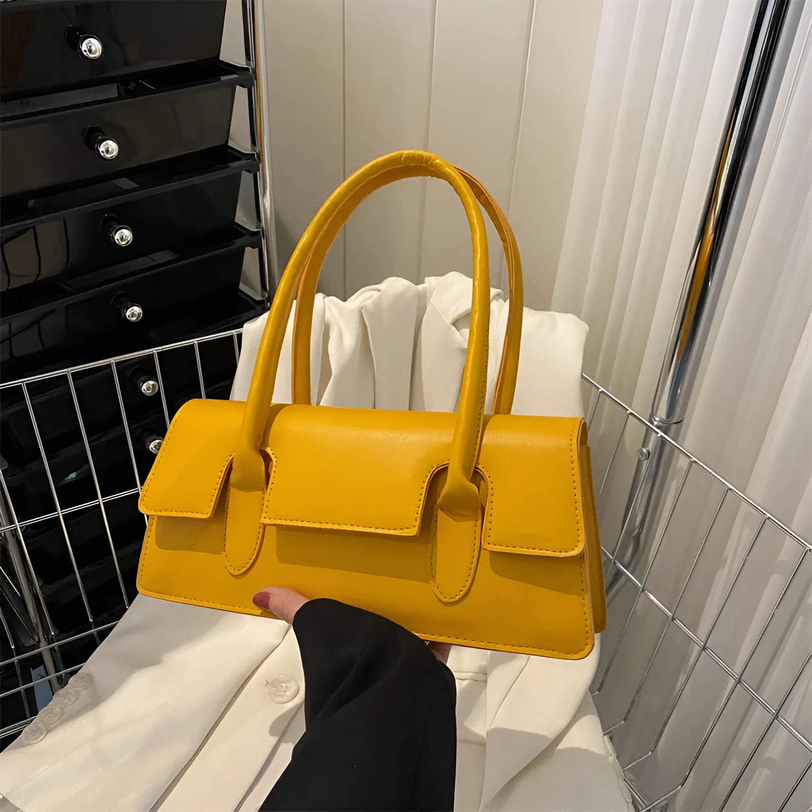 Women's small square shoulder bag in PU leather with document pocket and stitching detail