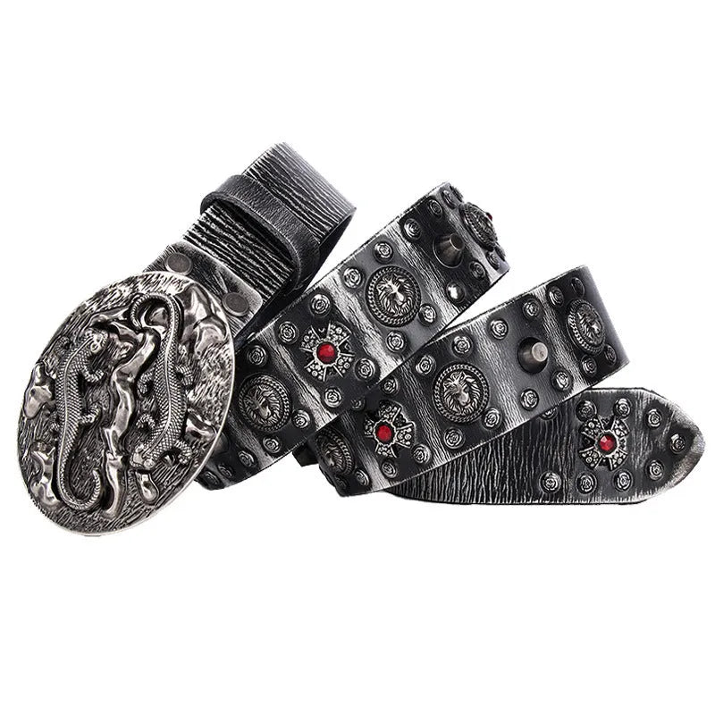 Men's genuine leather belt with punk rivet design and alloy buckle in retro colour options