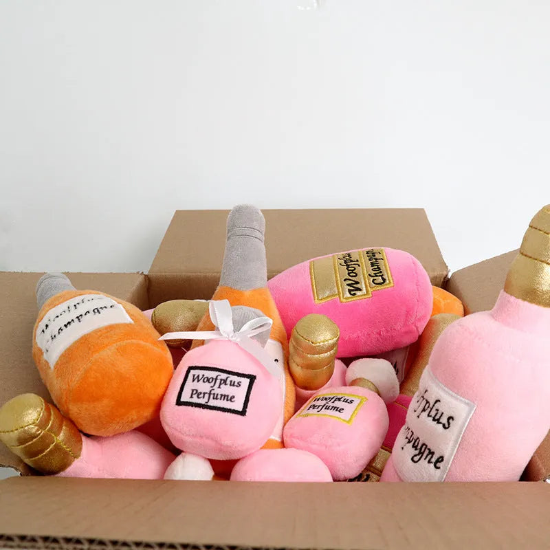 Soft plush wine bottle pet toy for dogs and cats in multiple colour variations
