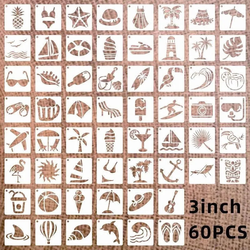 Milky white PET film spray painting stencils showing flower-leaf bird, ocean animal, and letter pattern examples