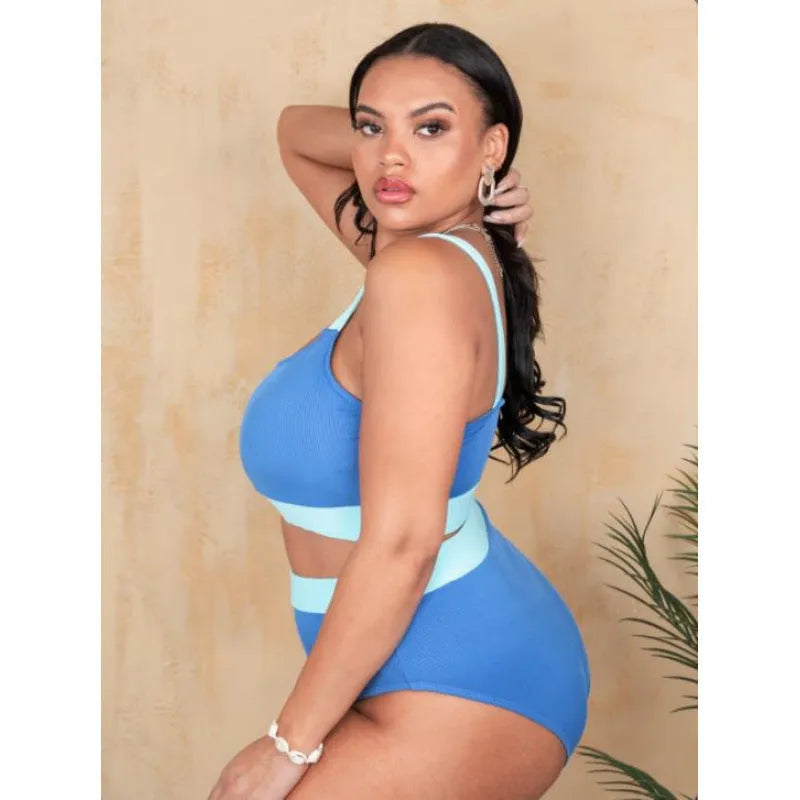Women's high waisted polyester bikini swimsuit set in briefs style with stitching detail