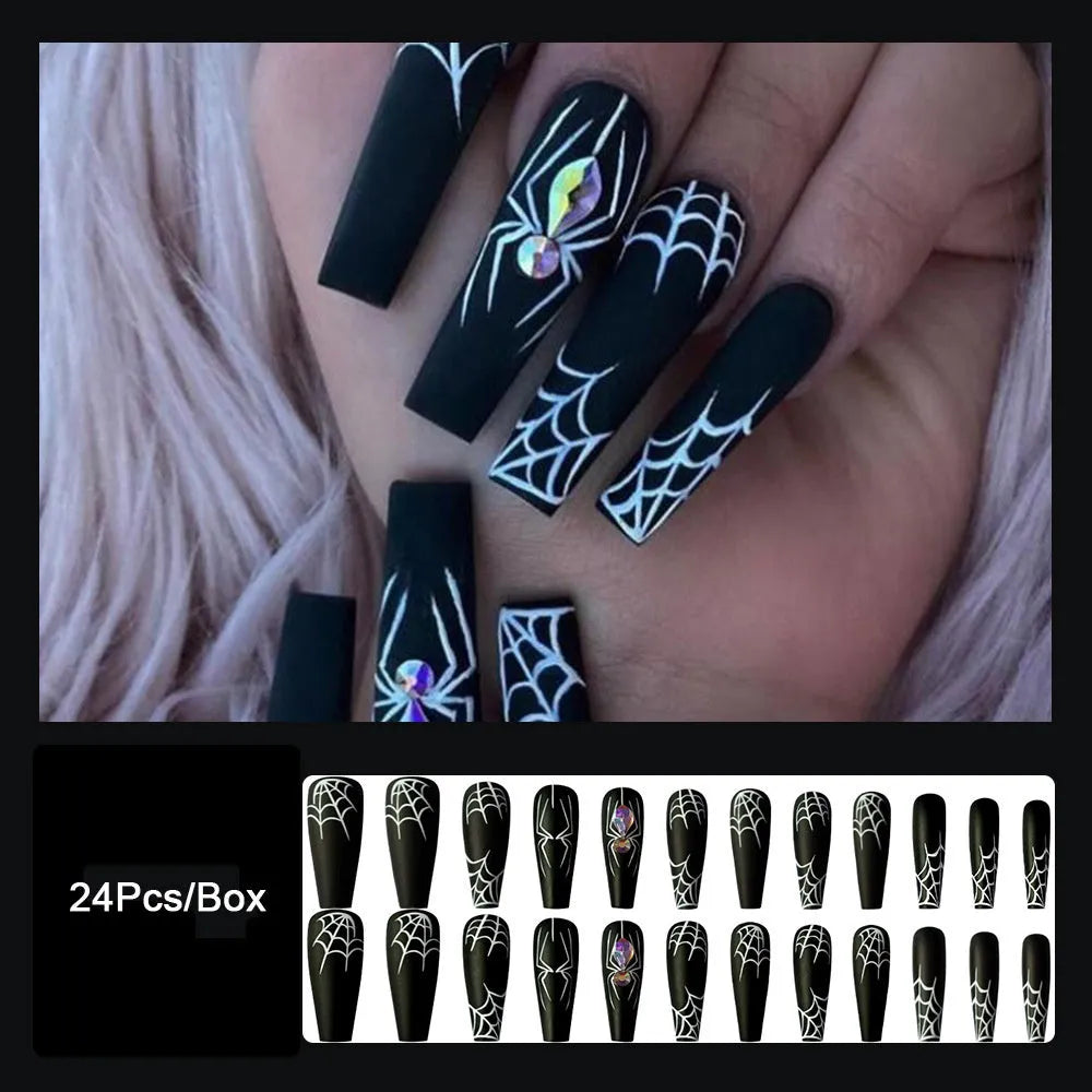 Dark Spider Halloween nail art set with 24 pieces and glue, cartoon spider design