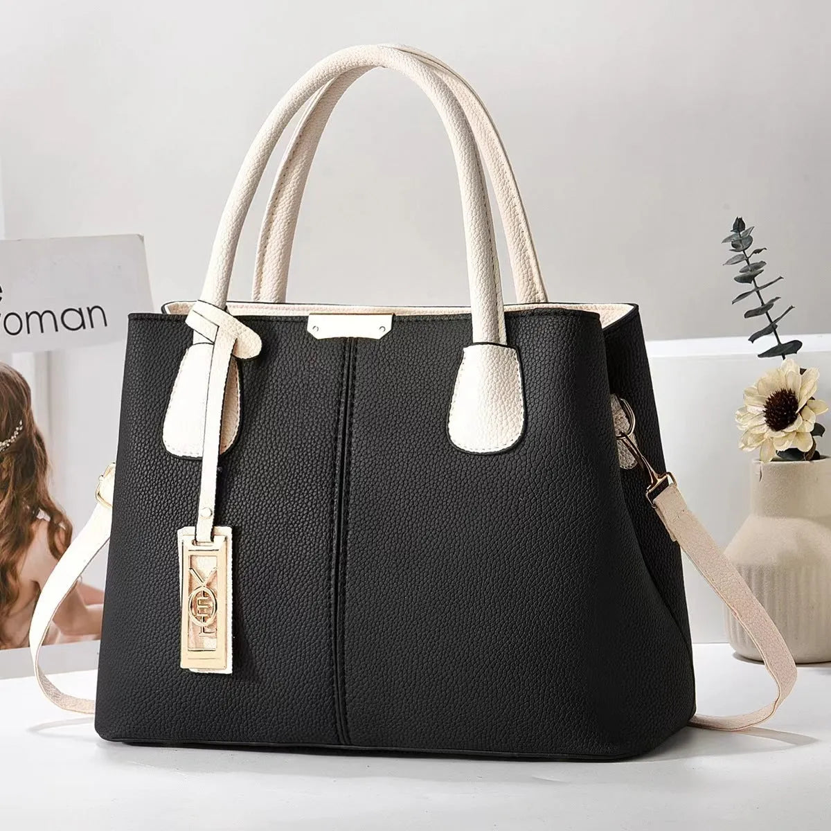 Women's large capacity square shoulder bag in soft PU leather with leather strap