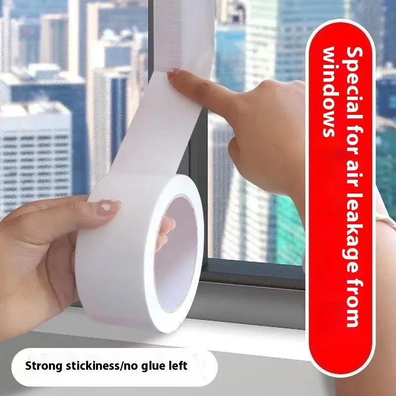 Roll of high-adhesive thickened windproof sealing tape in transparent, silver grey or white on a window frame.