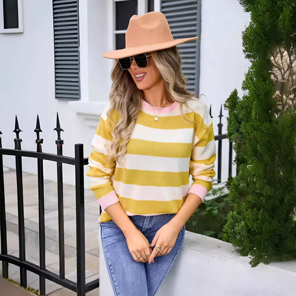 Women's loose fit long sleeve acrylic sweater in blue, round neck
