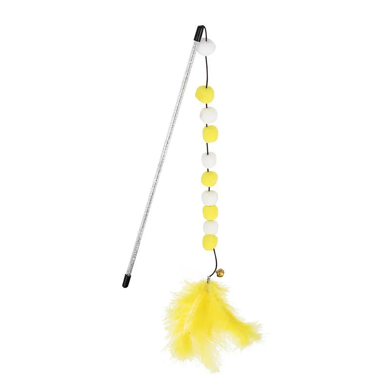 Colourful cat teaser toy rod with bell, feathers and pompons on 31cm stick