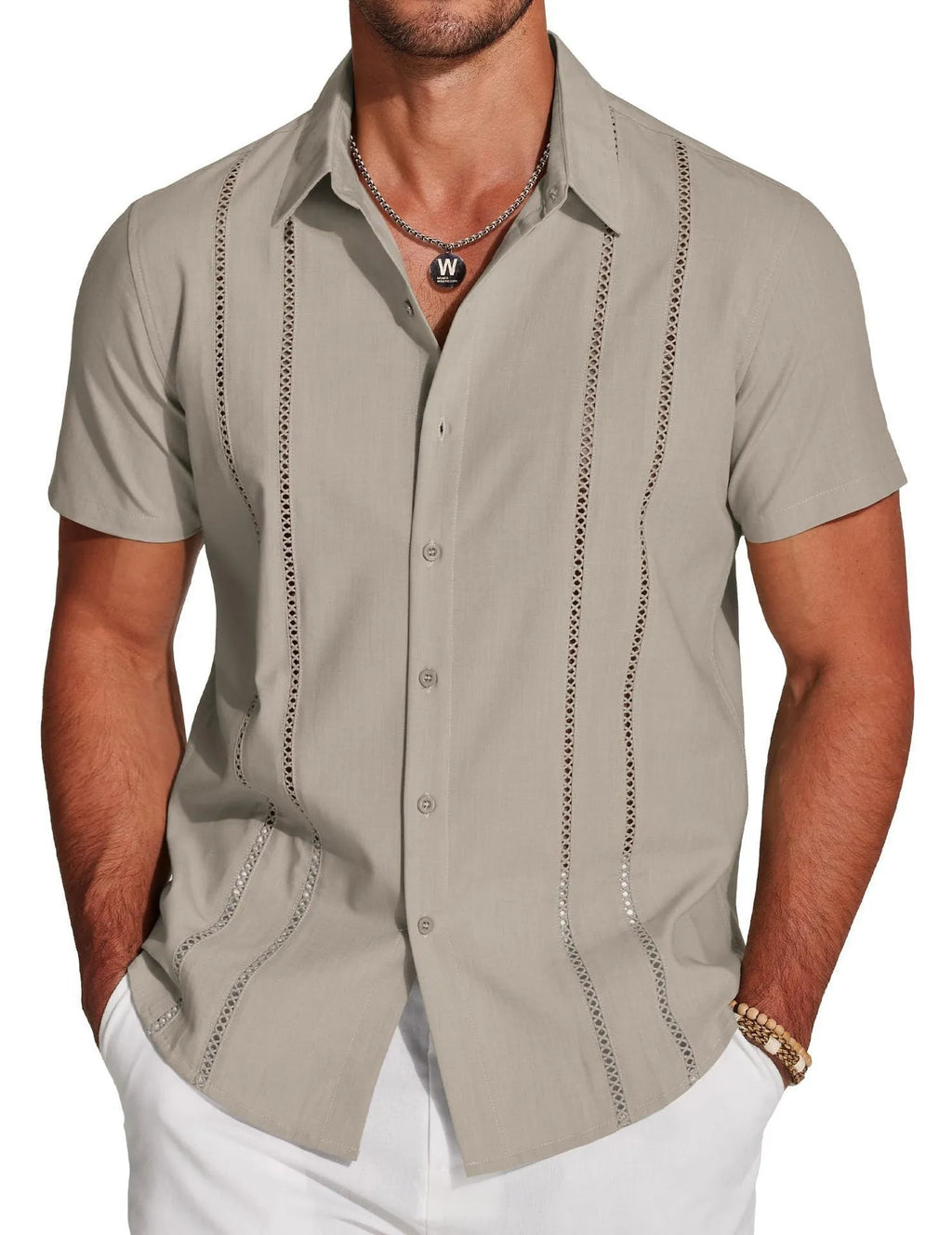 Men's slim fit cardigan-style Hawaiian short sleeve shirt with digital print pattern.