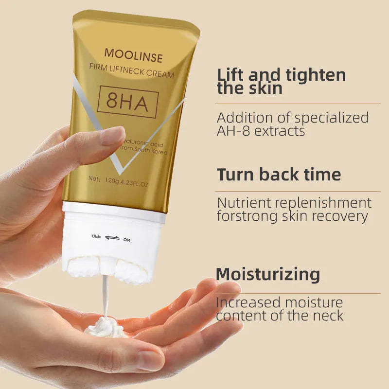 Jar of neck lifting and firming cream with a silver neck roller applicator on a white background.