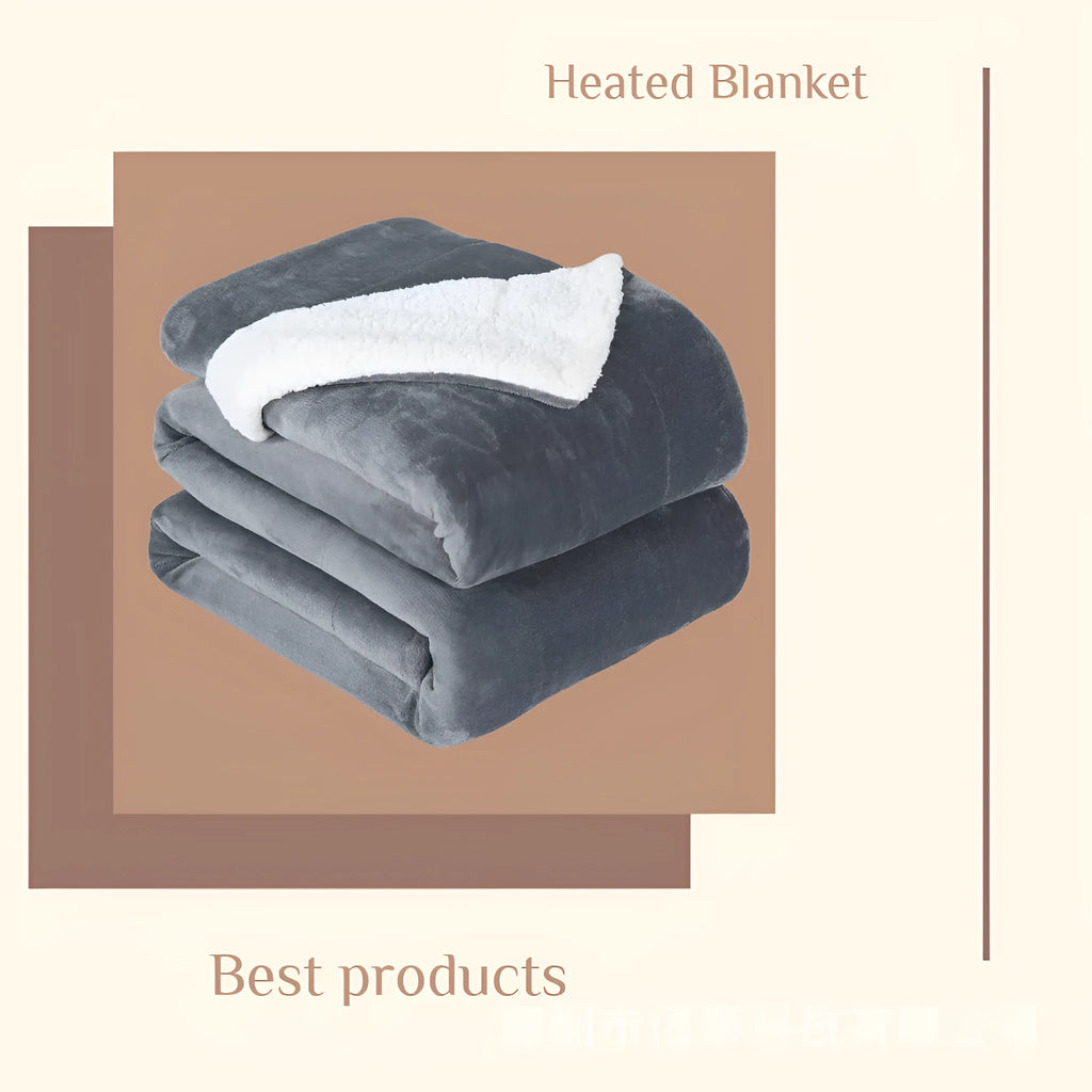 Grey flannel electric heating blanket with USB connection showing temperature controls