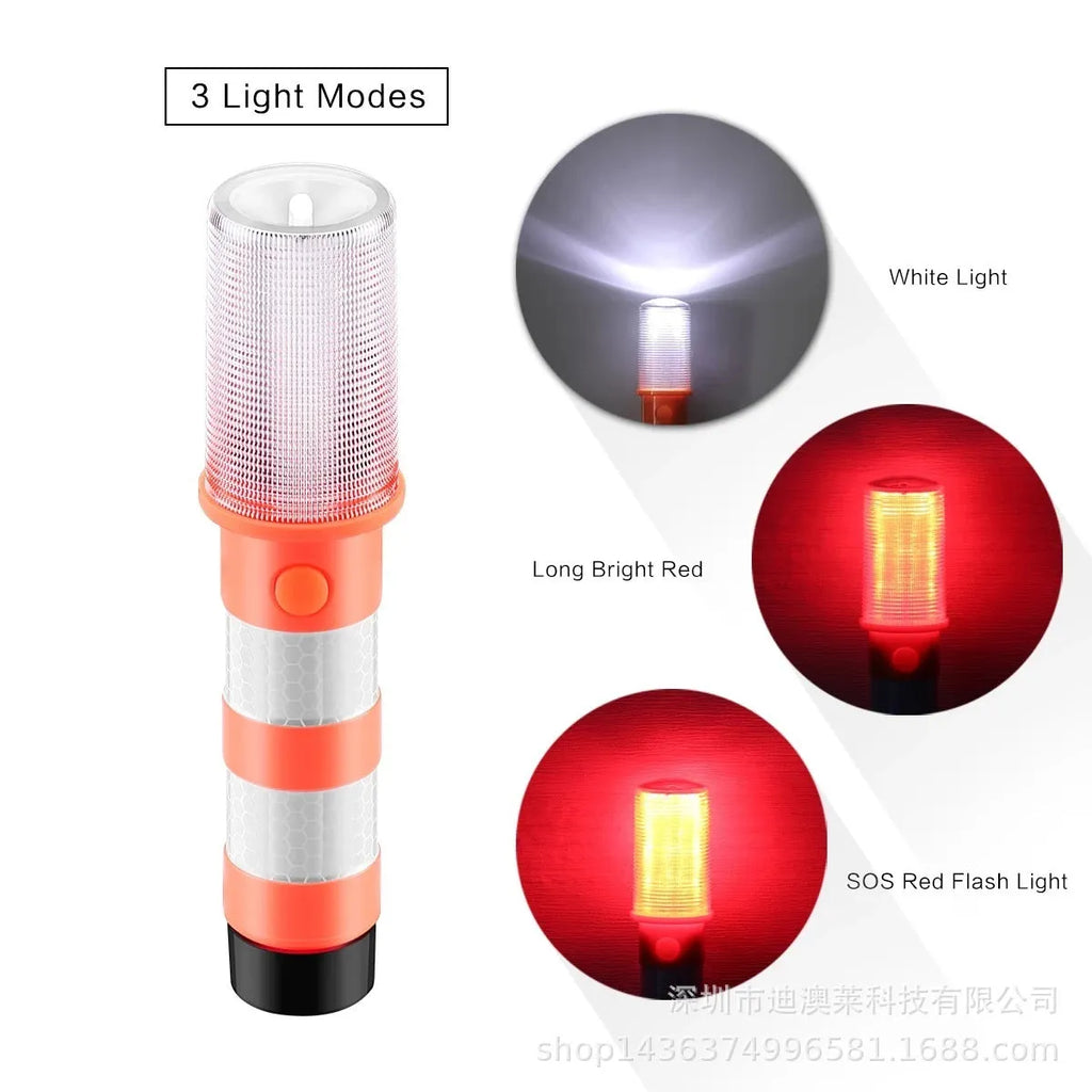 Two magnetic base emergency LED flares in plastic carry case showing suction magnet and support legs