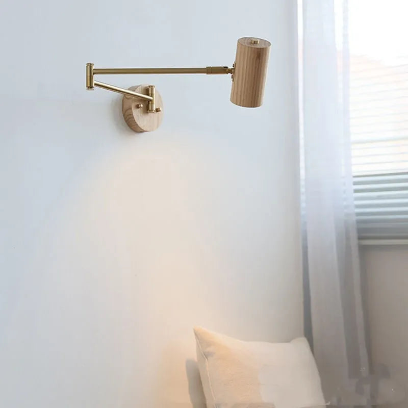Retro wood and iron wall lamp with long adjustable arm and visible wall switch