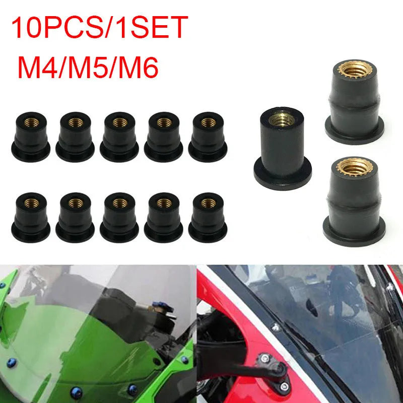 Black motorcycle windshield rubber well nut brass fasteners in three metric sizes