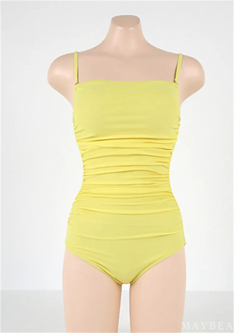 Sling style belly pleated one-piece swimsuit in slim fit available in blue, white, yellow, black colours