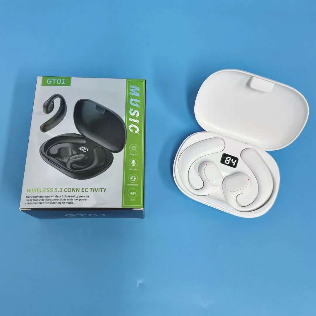 Ear-mounted Bluetooth headset with digital display screen in black or white colour