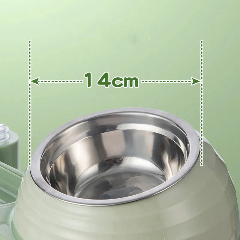 Brown elevated cat food bowl with integrated water dispenser bottle for automatic feeding