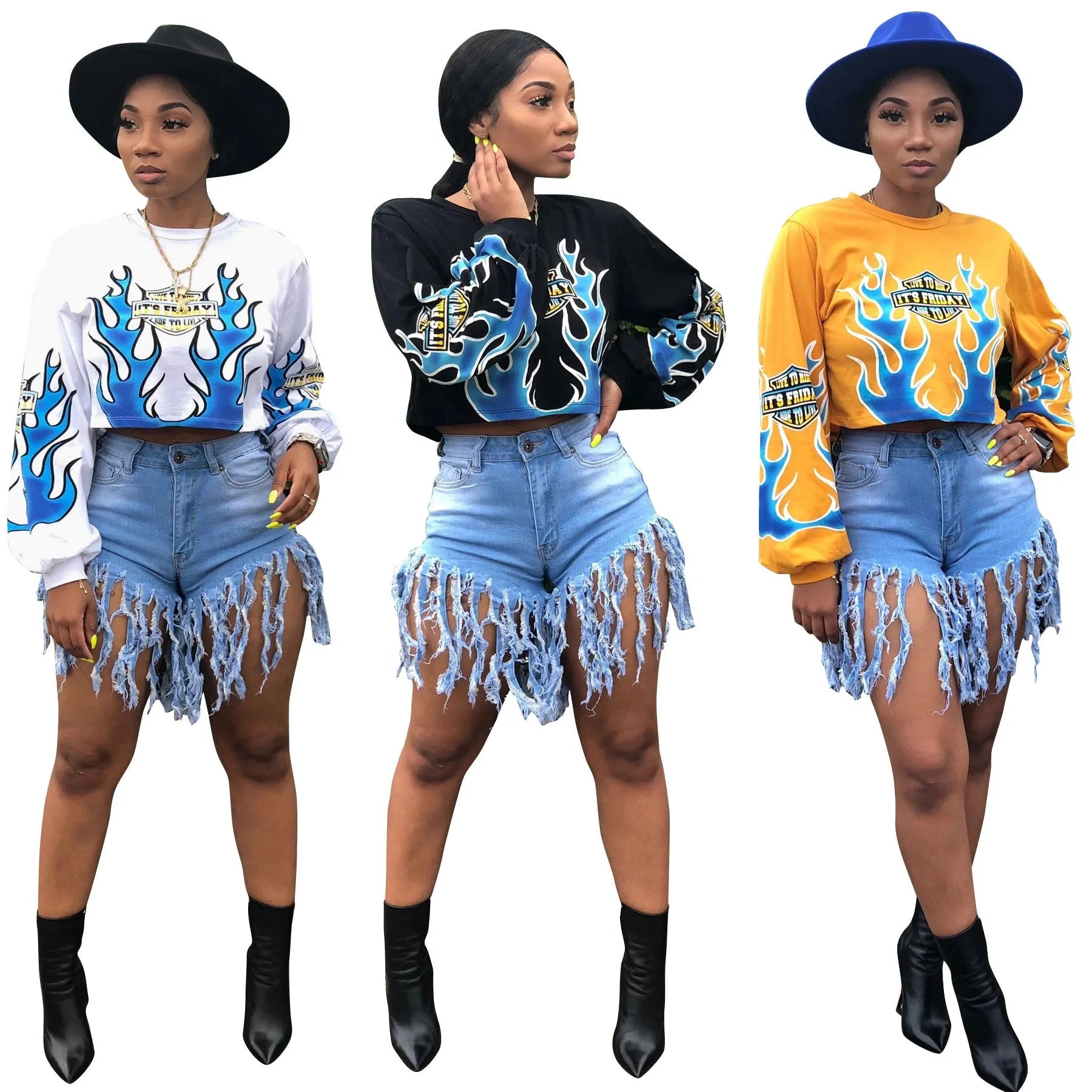 Women's flame positioning printed long-sleeved sweater in white polyester, loose fit street fashion pullover