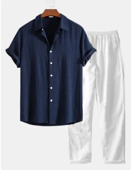 Casual loose short sleeve summer suit in cotton linen blend, shown in navy blue, with trousers.