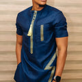 Blue ethnic style linen shirt with stand-up collar, loose casual fit