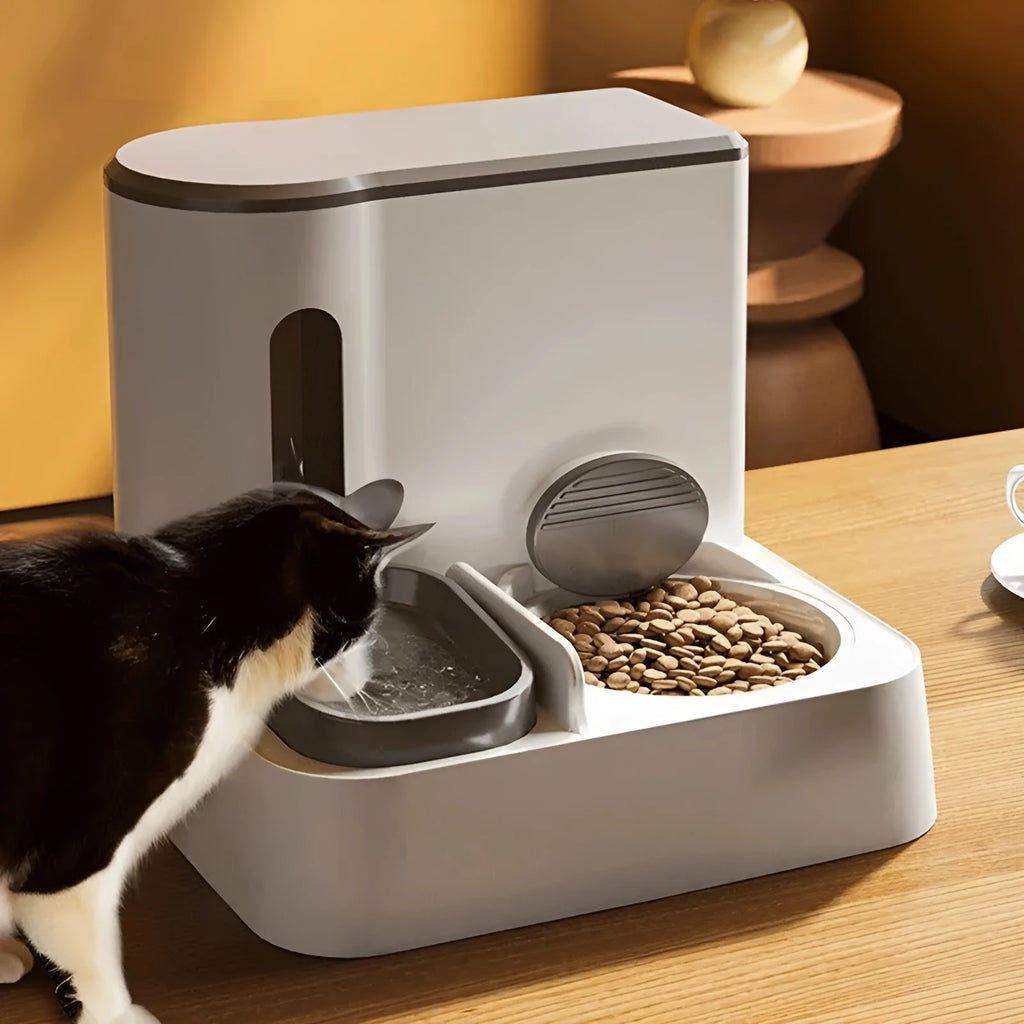 Grey cat automatic feeder with integrated water dispenser and double bowl design