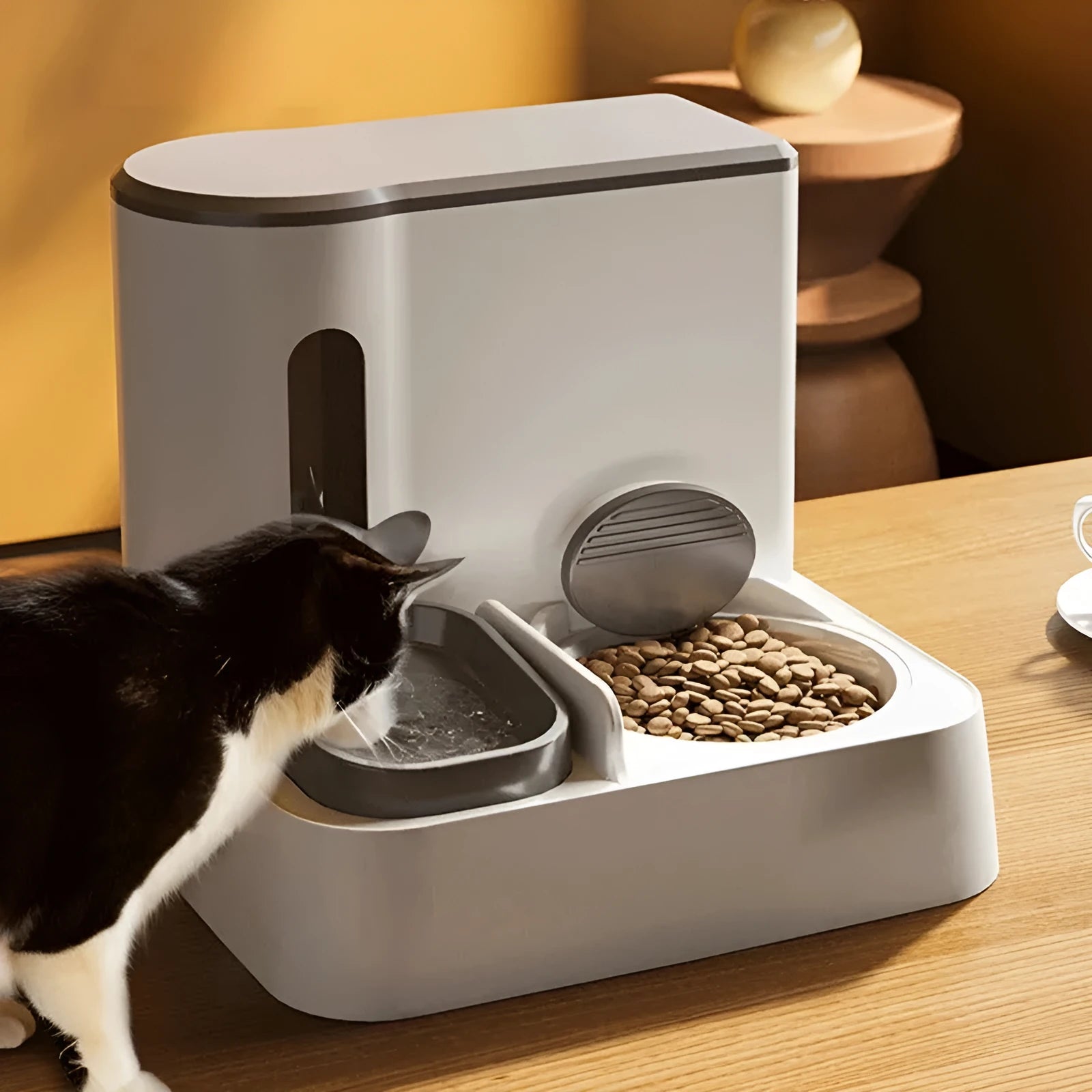 Grey cat automatic feeder with integrated water dispenser and double bowl design