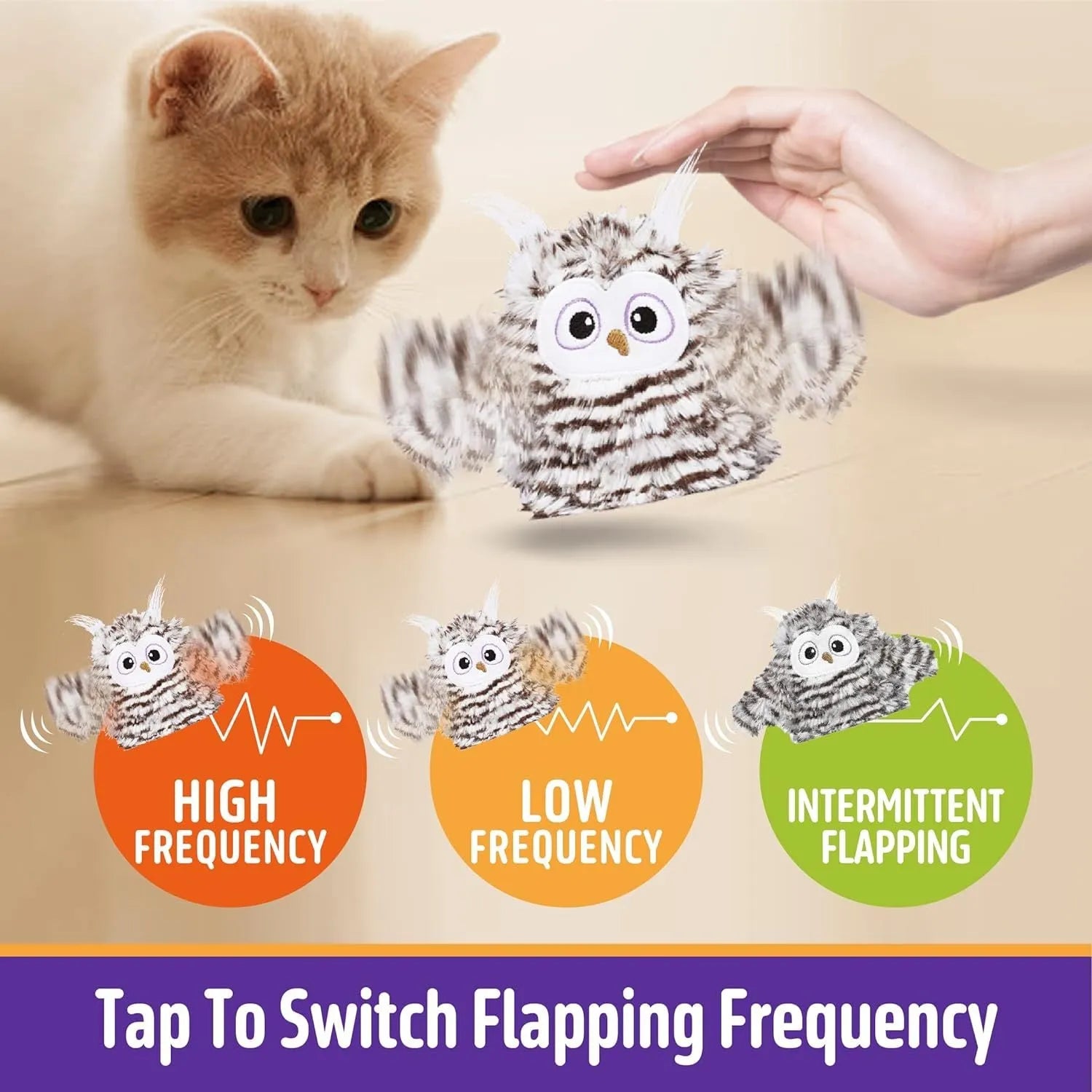 Grey plush owl automatic cat toy with beating wings on flat surface with USB charging cable