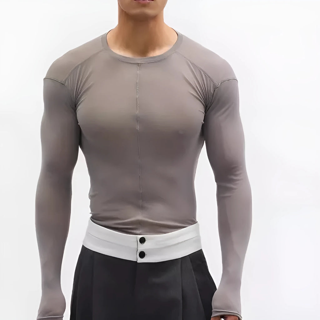 Black slim-fit mesh pullover with long sleeves and a round collar.