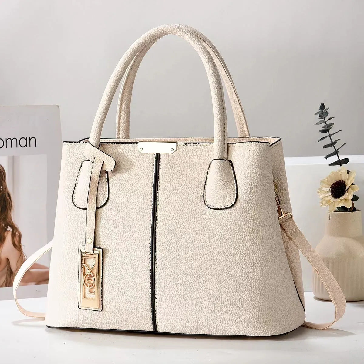 Women's large capacity square shoulder bag in soft PU leather with leather strap