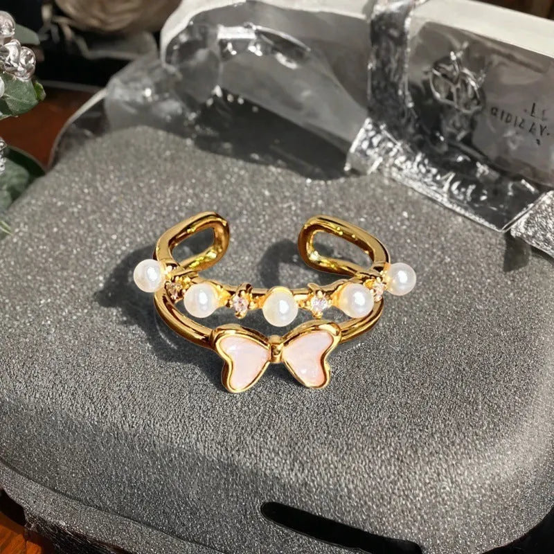 Adjustable vintage oil-dripping gourd copper ring with zircon inlay, showing flower shape in one of six colour options.
