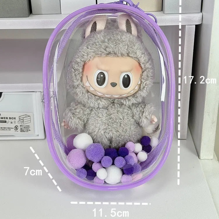 Transparent PVC cube storage bag with colourful ball keychain for cotton dolls and collectibles