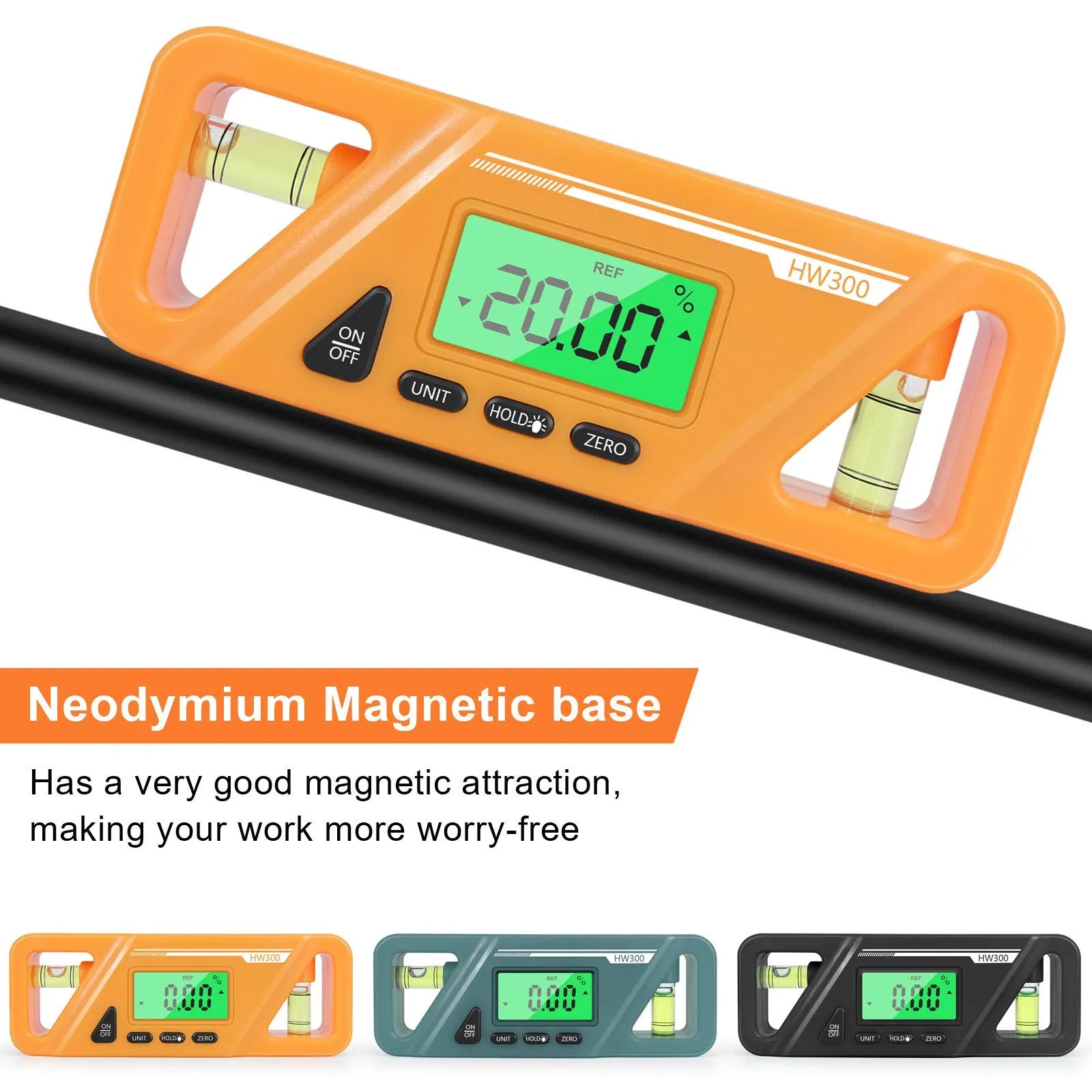 HW300 series digital magnetic inclinometer level meter showing angle display on metal surface