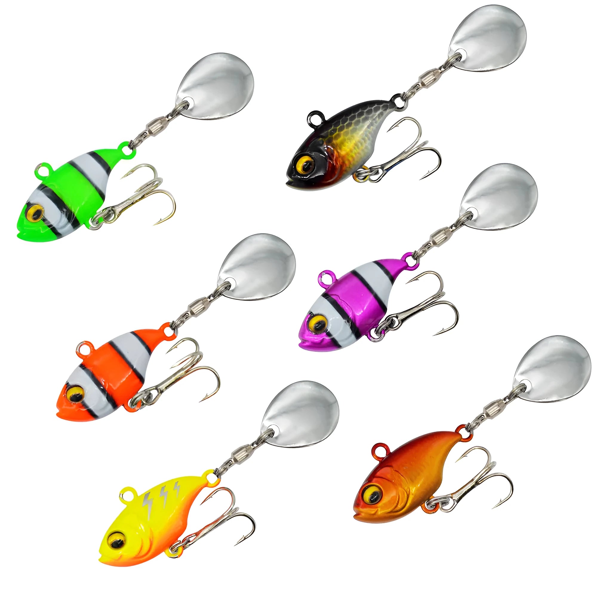 Metal sea fishing iron plate lure with rotating sequin in six colour variations