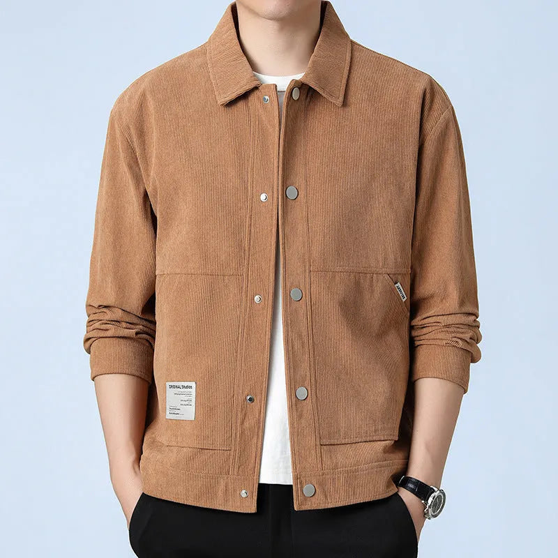 Slim fit men's corduroy jacket in solid colour with top stitching pockets, polyester blend fabric