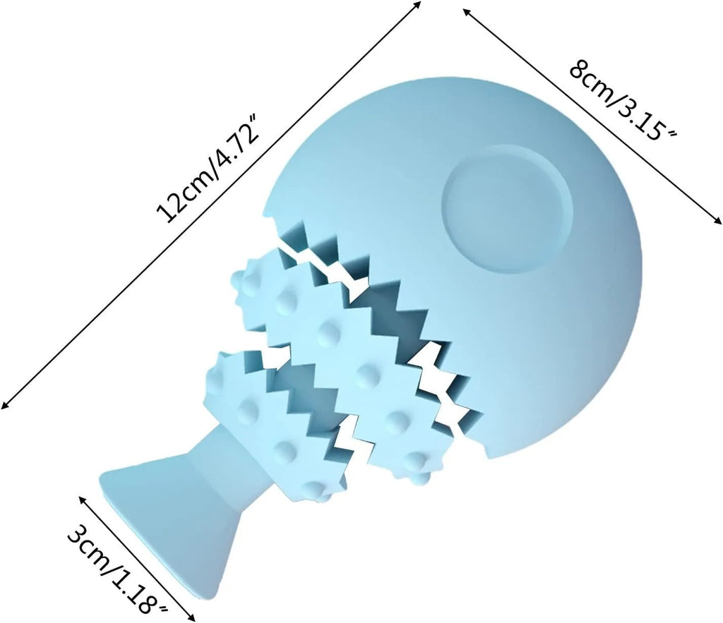 Blue fish bone shaped dog chew toy with textured surface and hollow treat compartment.