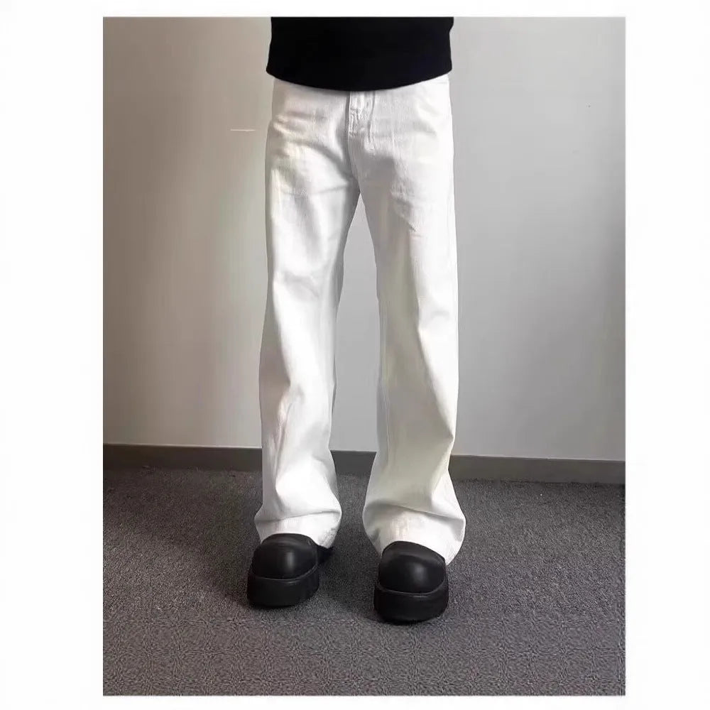 Men's white straight leg wide jeans with American high street styling