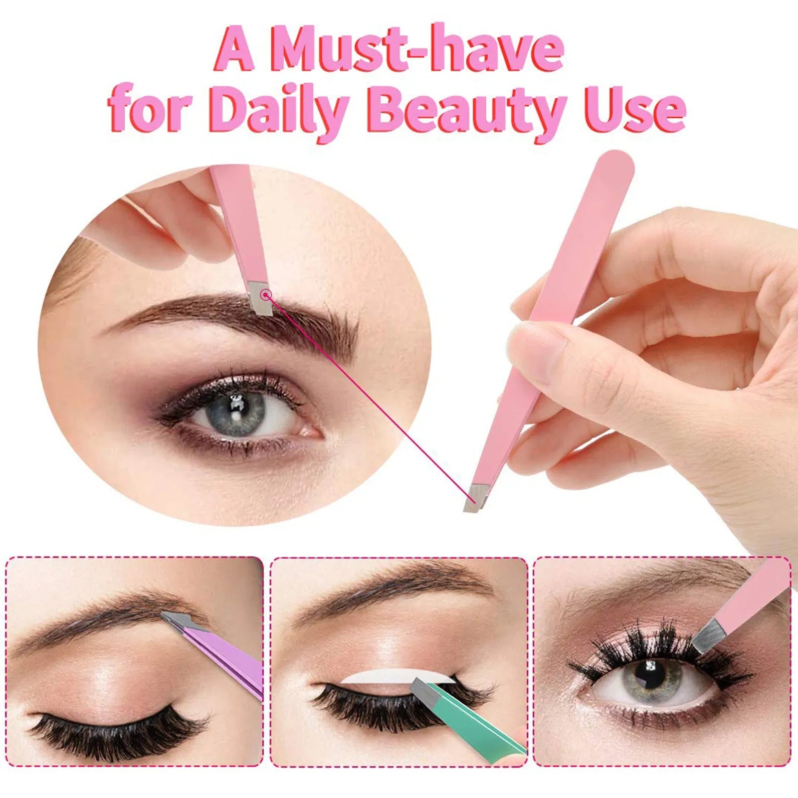 Six-piece stainless steel eyebrow tweezers set with scissors, brush, and leather case