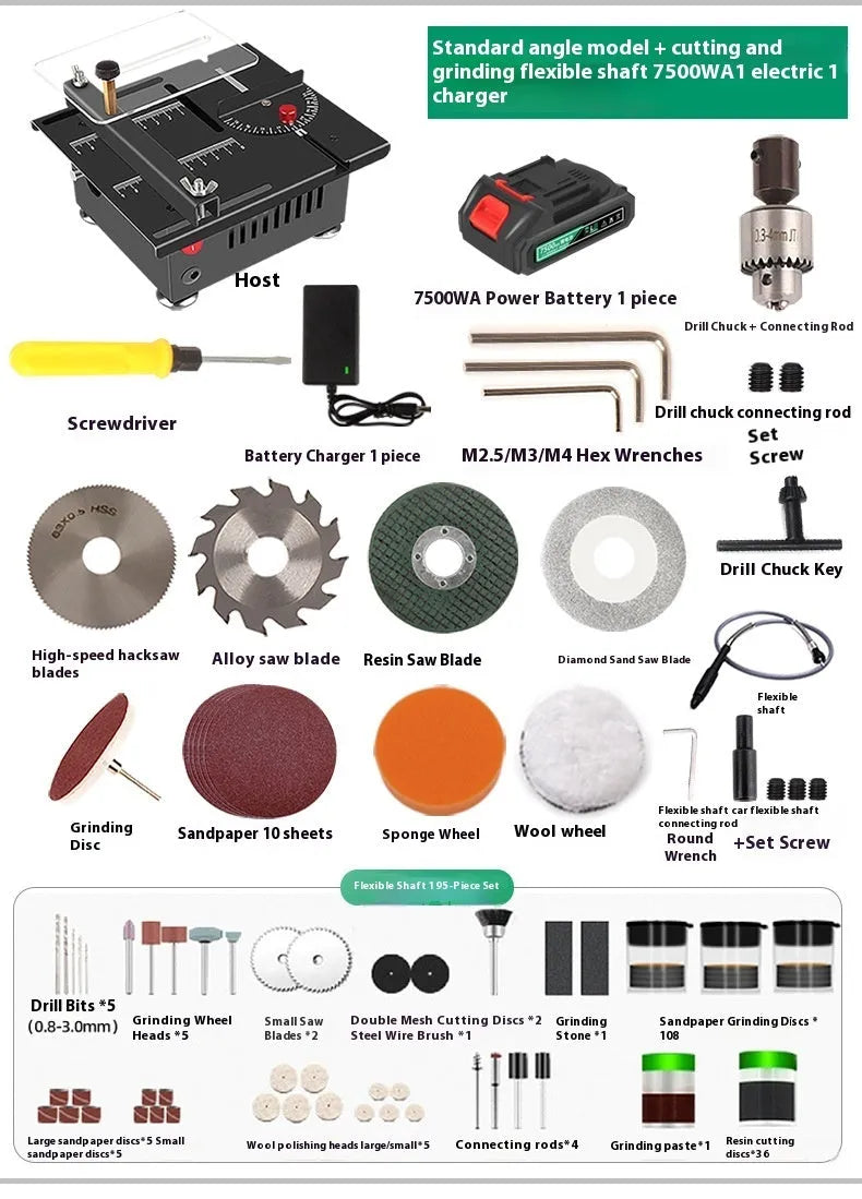 Lithium ion battery-powered metal desktop angle grinder saw on a workbench.