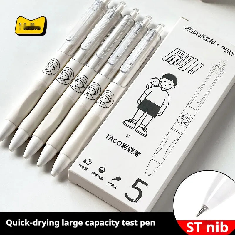 Five neutral colour ballpoint pens with 0.5mm black ink refills arranged together