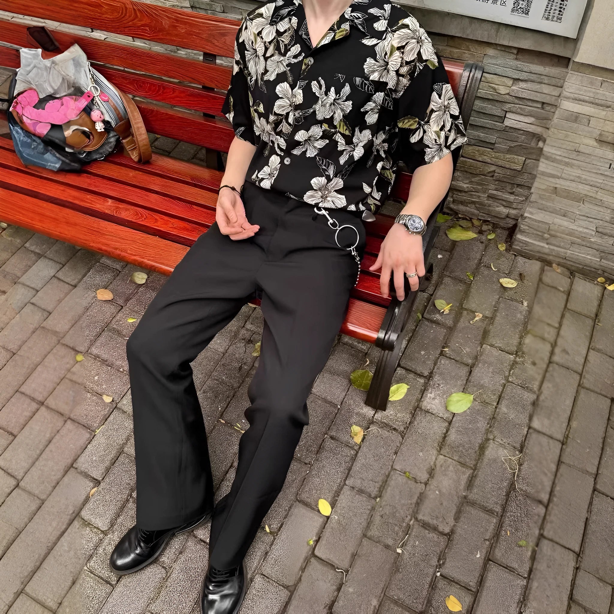 Men's black floral ice silk shirt with vintage Cuban collar and short sleeves
