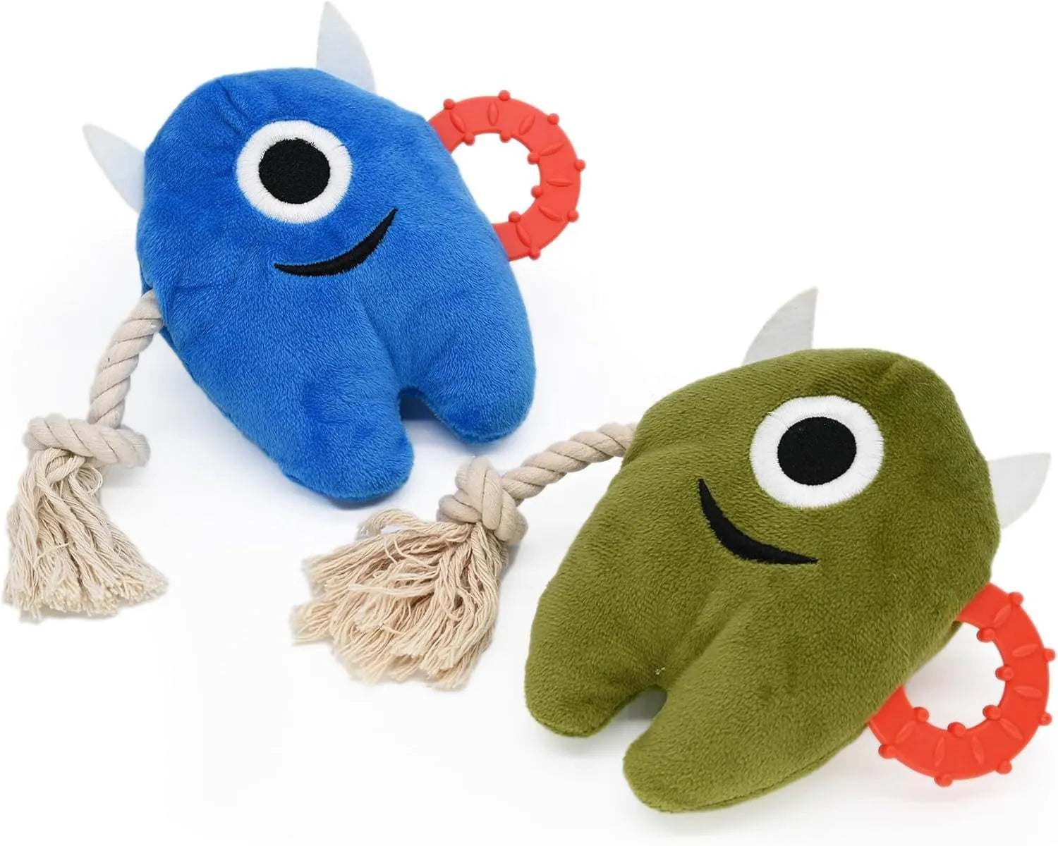 Large blue and green plush dog toy with cotton rope ends and a squeaker inside.