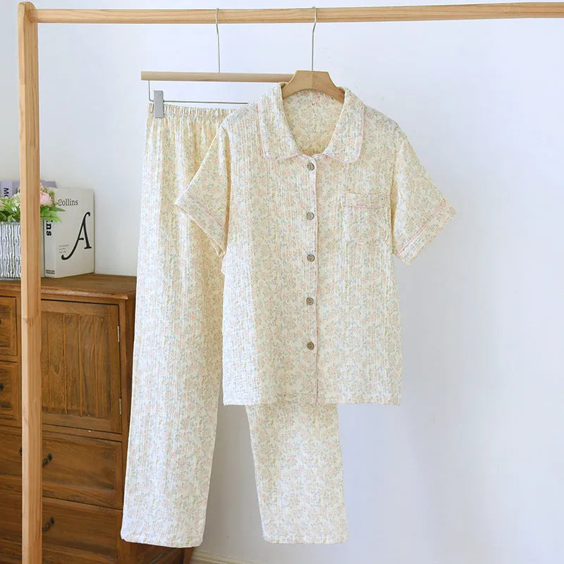 Washed cotton double-layer gauze short-sleeved trouser suit in Flower Sea pattern with matching top
