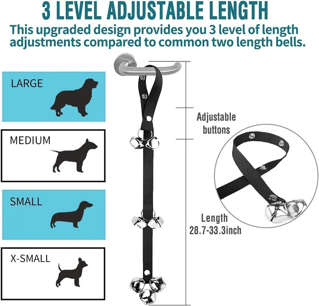 Premium dog training doorbell with seven silver metal bells on adjustable nylon strap
