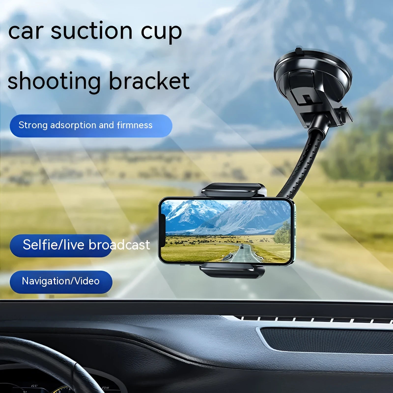 Black universal car mobile phone bracket with rotating metal arm and double supercharged design