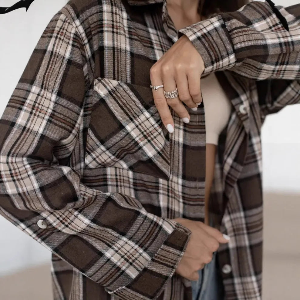 Dark brown retro striped women's long sleeve cotton shirt with collage stitching detail