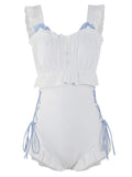 Milky White women's backless one-piece swimsuit made of nylon, shown on a model.