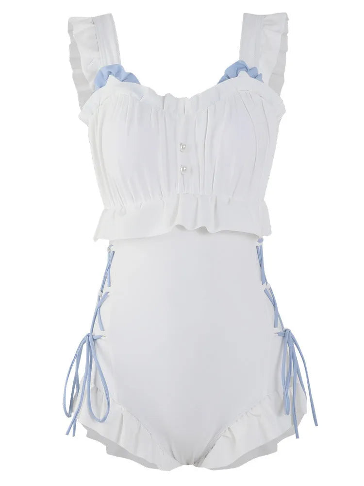 Milky White women's backless one-piece swimsuit made of nylon, shown on a model.